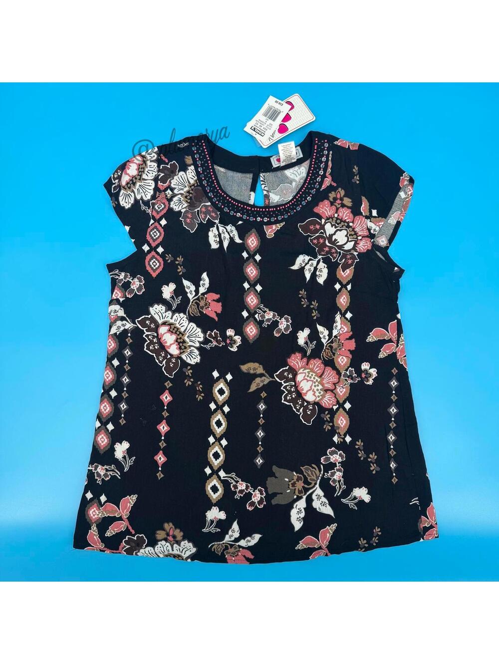 Three Pink Hearts Beaded Sequin Y2K Women's Floral Summer Blouse Size M NWT